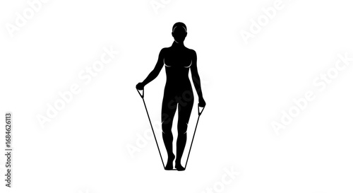 fitness silhouette woman exercising with resistance band, stretching, workout, healthy lifestyle