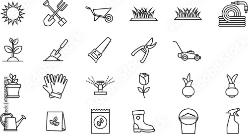Gardening tools and equipment icons for lawn and garden care vector