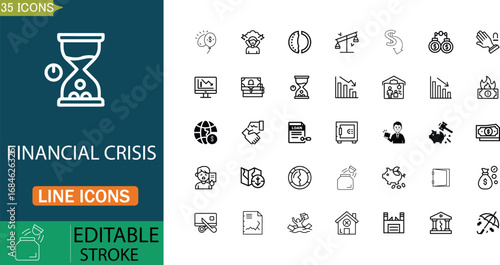 Vector art of financial crisis line icons illustrating economic downturn and market instability