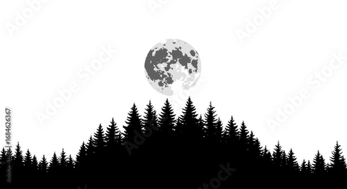 full moon over silhouetted pine forest night nature scene