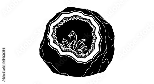geode crystal cluster black and white mineral illustration, mystical rock art, nature graphic