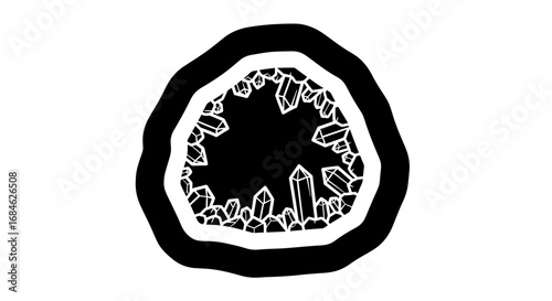 geode crystal illustration black and white mineral art, mystical energy, spiritual power