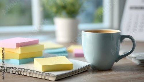 Cozy Study Desk with Stacked Books Coffee Mug and Notebook for Reading and Learning Concept