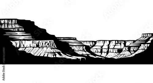 grand canyon national park, arizona, usa, scenic landscape, monochrome print, cliffs, rock formations, nature illustration