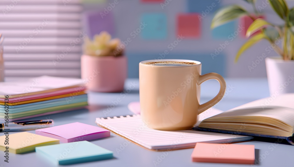 Fototapeta premium Creative workspace with colorful sticky notes and coffee cup