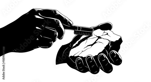 hands cleaning a cracked rock with a brush, black silhouette illustration, fragility, detail