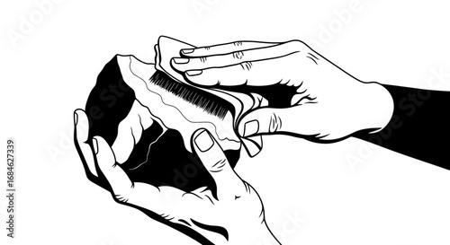 hands cleaning stone rock black ink drawing art graphic design