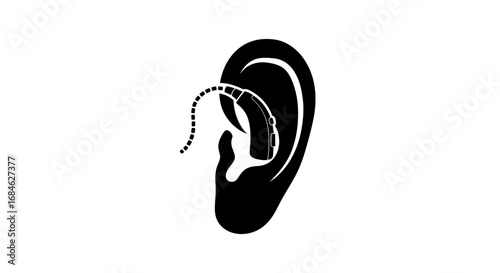 hearing aid device, ear, audiology, healthcare, medical illustration, black silhouette, technology, sound, listening