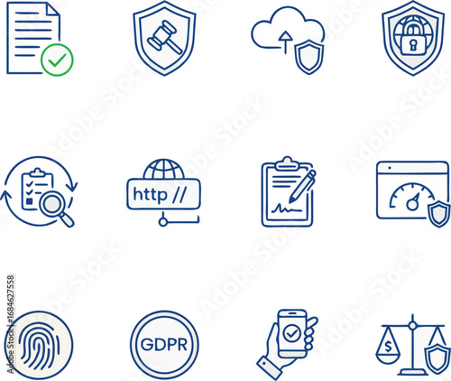 Secure data, legal compliance, online privacy, and business protection icons for digital security