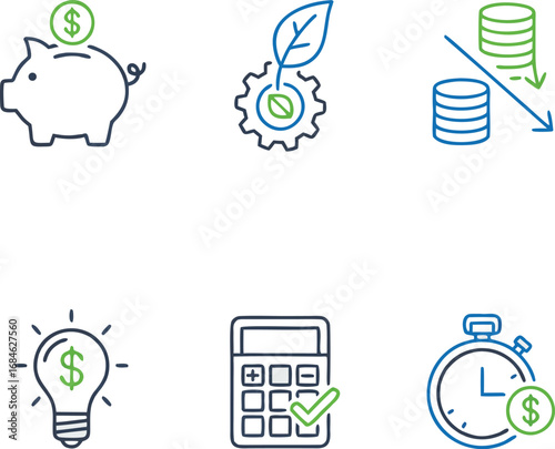 Smart financial planning with piggy bank, idea bulb, calculator, coins, and stopwatch icons