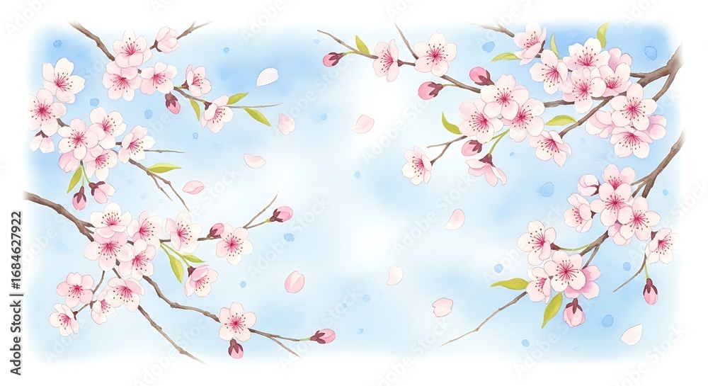 Fototapeta premium Watercolor Cherry Blossom Branches with Pink Flowers and Blue Background