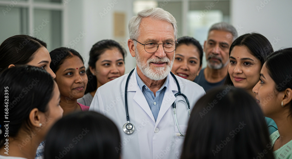 Fototapeta premium Doctor Surrounded by Diverse Group of People, Smiling, Healthcare Concept.
