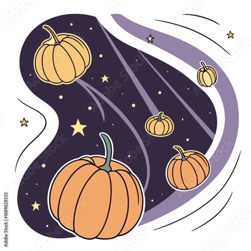 Cute Cartoon Pumpkins in Space with Stars – Halloween Illustration