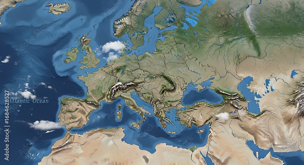 Fototapeta premium Detailed Satellite Map of Europe and Surrounding Regions with Topographical Features