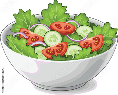 Fresh Vegetable Salad in White Bowl – Healthy Food Vector with Tomato, Cucumber, Onion, and Leafy Greens on White Background