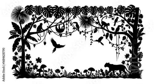 jungle silhouette monkeys, sloths, birds, and a panther in a tropical frame