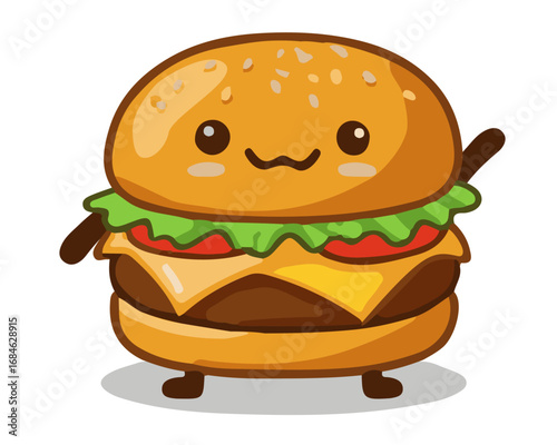 Cute Cartoon Kawaii Burger Character with Smiling Face  – Funny Fast Food Mascot Illustration