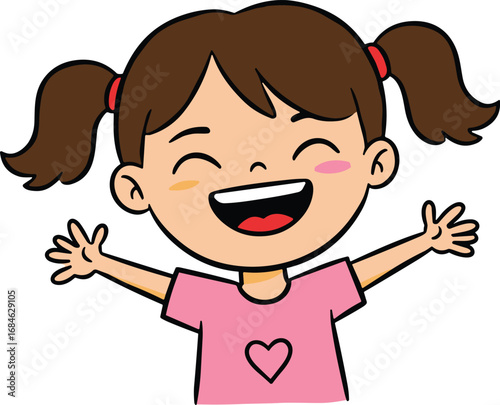 Happy cartoon girl with pigtails smiling widely, wearing pink shirt with heart, cheerful child with arms open in joy.