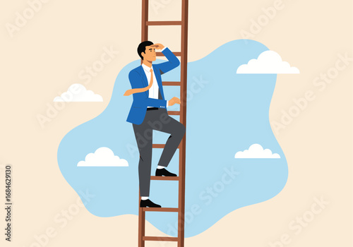 An ambitious businessman climbs the corporate ladder, gazing forward with determination to find his next opportunity for success.