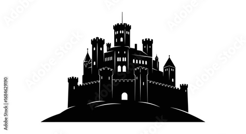majestic black castle silhouette, medieval fortress, hilltop castle, dark fantasy, fairytale icon