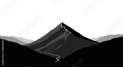 majestic monochrome mountain peak serene valley landscape illustration