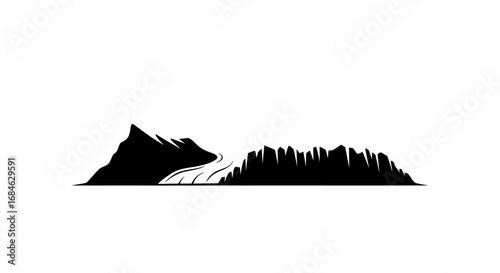 majestic mountain peak and river landscape silhouette, nature illustration, panoramic view