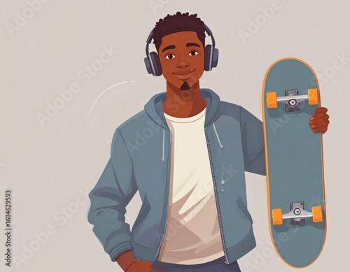 Vector character of a relaxed young man with headphones and skateboard, casual street 