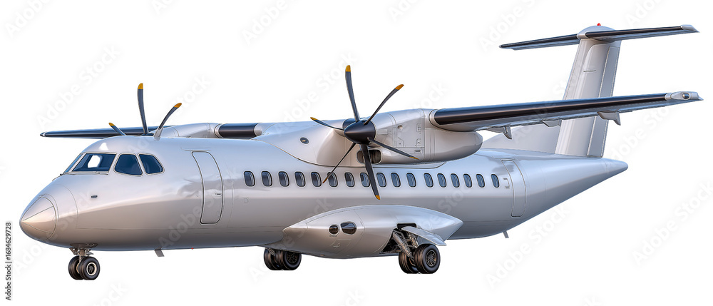 Obraz premium Modern Turbo-Prop Airplane: A sleek, silver turbo-prop aircraft, capturing the essence of modern aviation and air travel, set against a neutral backdrop.