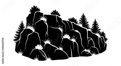 majestic mountain silhouette black and white rock cliff with pine trees