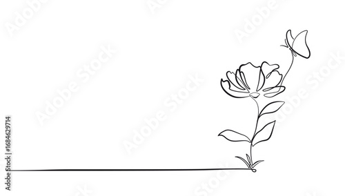 Flower and Butterfly One Line Drawing. Butterfly on Flower Minimalistic Black Lines Drawing on White Background. Abstract Line Drawing for Trendy Minimalist Design. Vector EPS 10
