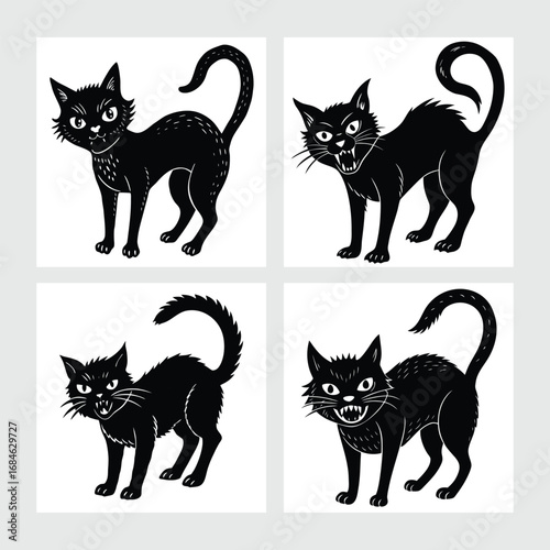 Halloween black cat silhouette bundle set with spooky feline poses, witch cat art, and creepy designs, perfect for posters, t-shirts, crafts, and seasonal party decorations.