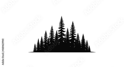 majestic pine tree forest silhouette, nature illustration, dark coniferous trees, woodland graphic, simple minimalist design