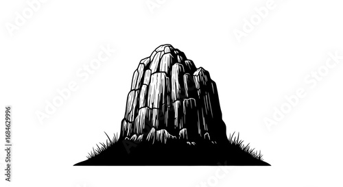 majestic rock formation, cliff, stone, peak, nature illustration, monochrome drawing, graphic design element, wilderness, mountain, stone, boulders, hill, grass