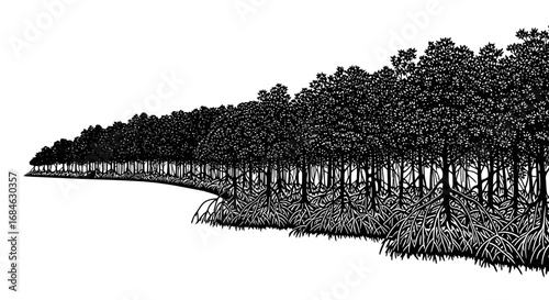 mangrove forest illustration, black and white, coastal trees, roots, nature, ecology, environment