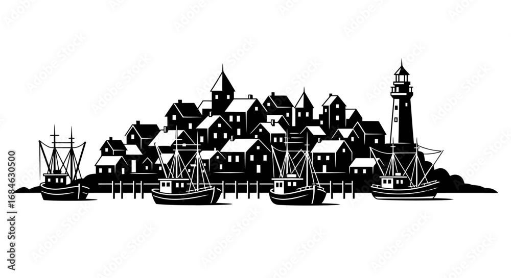 Fototapeta premium coastal town silhouette lighthouse, fishing boats, and houses