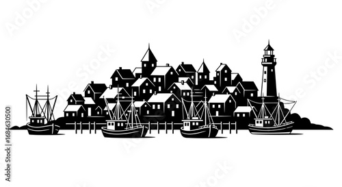 coastal town silhouette lighthouse, fishing boats, and houses