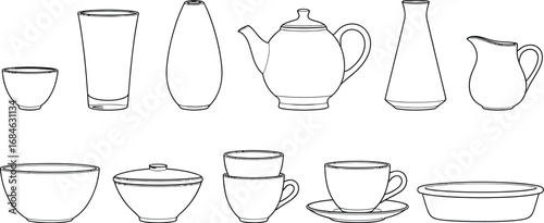 Outline tableware kitchenware utensils vector drawing design set