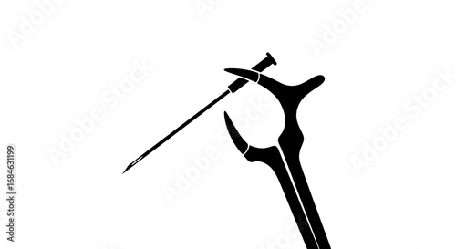medical forceps holding a nail, precision instrument, surgery tool, medical equipment, healthcare, medical device, black silhouette, sterile, sharp, precise