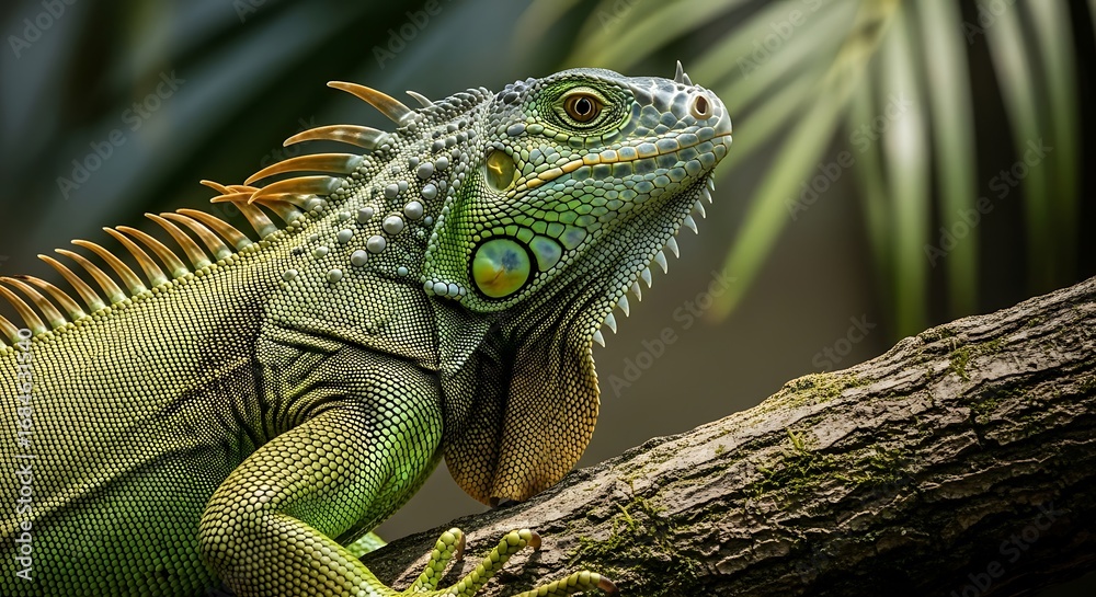 Fototapeta premium Green Iguana Lizard Resting on Tree Branch in Natural Habitat