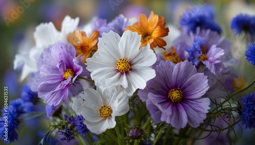 Colorful bouquet of wildflowers with white, purple, and orange blossoms