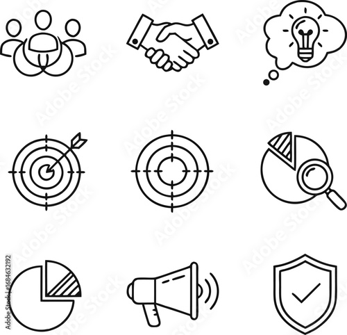 Professional business icons for strategy, teamwork, ideas, goals, analysis, marketing, and security solutions