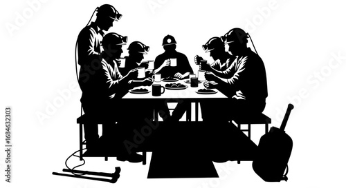 miners meal break black and white silhouette illustration of coal miners eating together