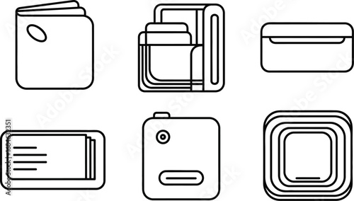 Outline icons of wallet cards box and electronic device designs