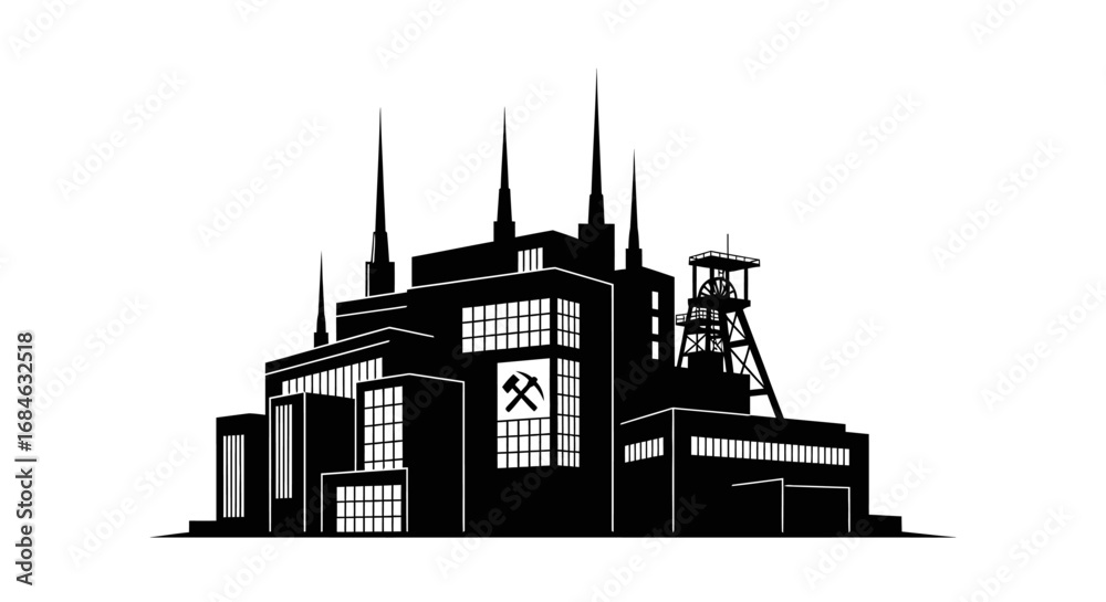 Obraz premium mining industry complex silhouette coal mine headframe and processing plant