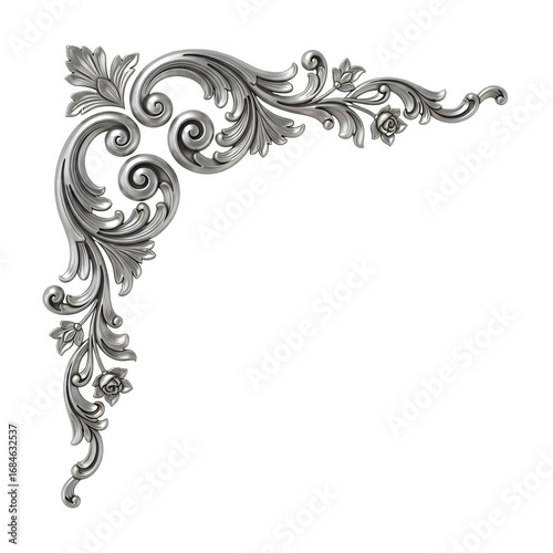 Ornate silver corner element with floral and scrollwork details, isolated on transparent background
