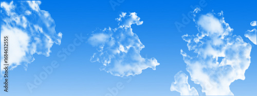 Blue sky with halftone dot clouds. Retro dotted texture. Vintage pop art style