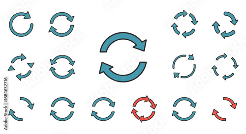 Set of blue and red circular arrows, representing refresh, reload, repeat, return, undo, redo.