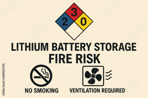 Vector warning sign for lithium battery fire risk, includes hazard diamond, ventilation icon, and no smoking symbols, scalable design.