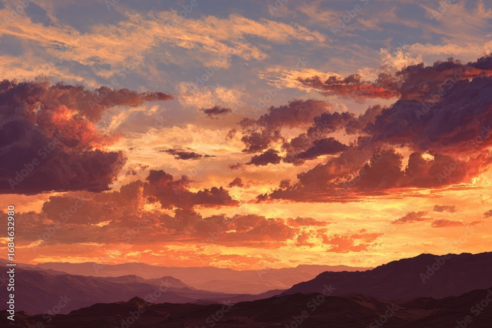Fototapeta premium Dramatic desert sunset glows with vibrant colors illuminating the vast sky and rugged mountains at dusk in an enchanting landscape