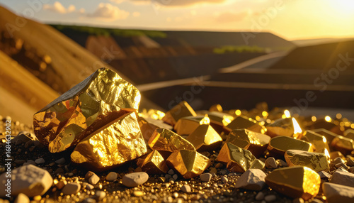 Pile of gold nuggets representing valuable tellurium reserves shining brightly under soft light and clear background